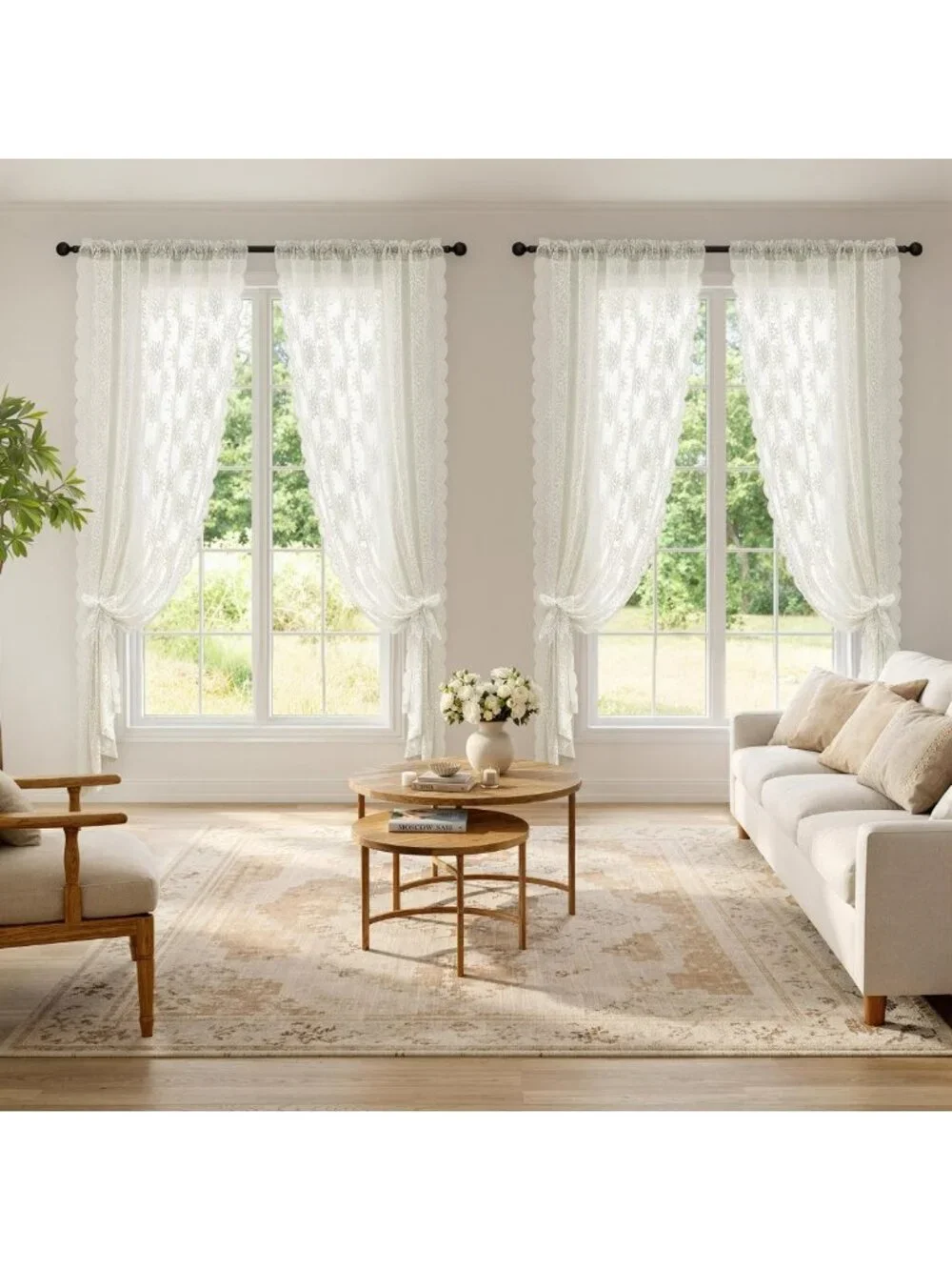 Vintage Floral Lace Curtains, Scalloped Design, Ivory 52